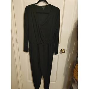 Nicole Miller Jumpsuit Long Sleeve Faux Wrap Pockets Large Stretch Black